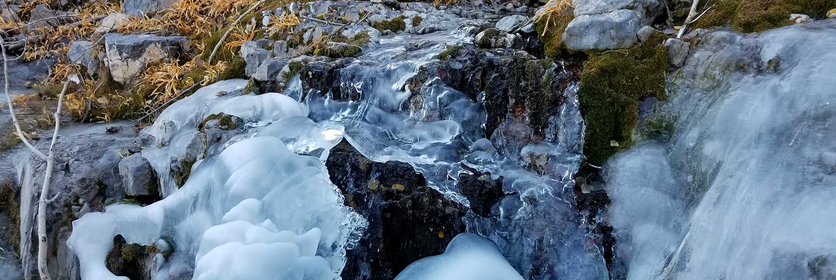 Frozen Mountain Stream and Ice Covered Rocks to Navigate In the Mountain Wash, Charleston Peak from Cathedral Rock, Spring Mountains, Nevada