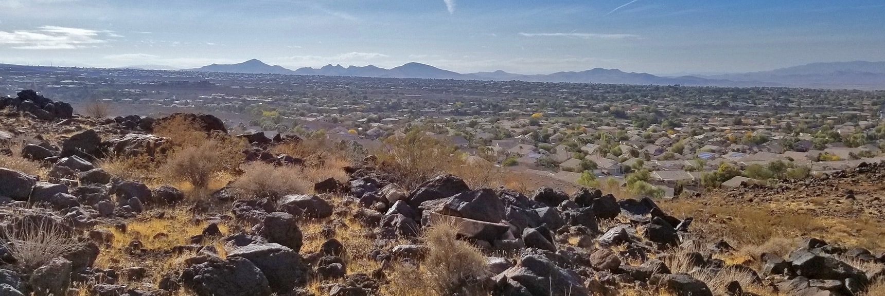 View South Down the Las Vegas Valley from Above Anthem | McCullough Hills Trail in Sloan Canyon National Conservation Area, Nevada