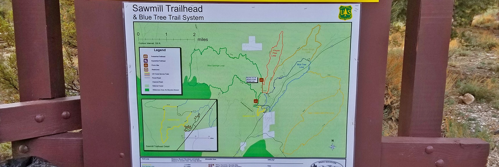 Sawmill Trailhead Trail System Display Map: Mud Springs, Pinyon Pine, Blue Tree, Rocky Gorge & Deer Creek Loops| Sawmill Trail to McFarland Peak | Spring Mountains, Nevada