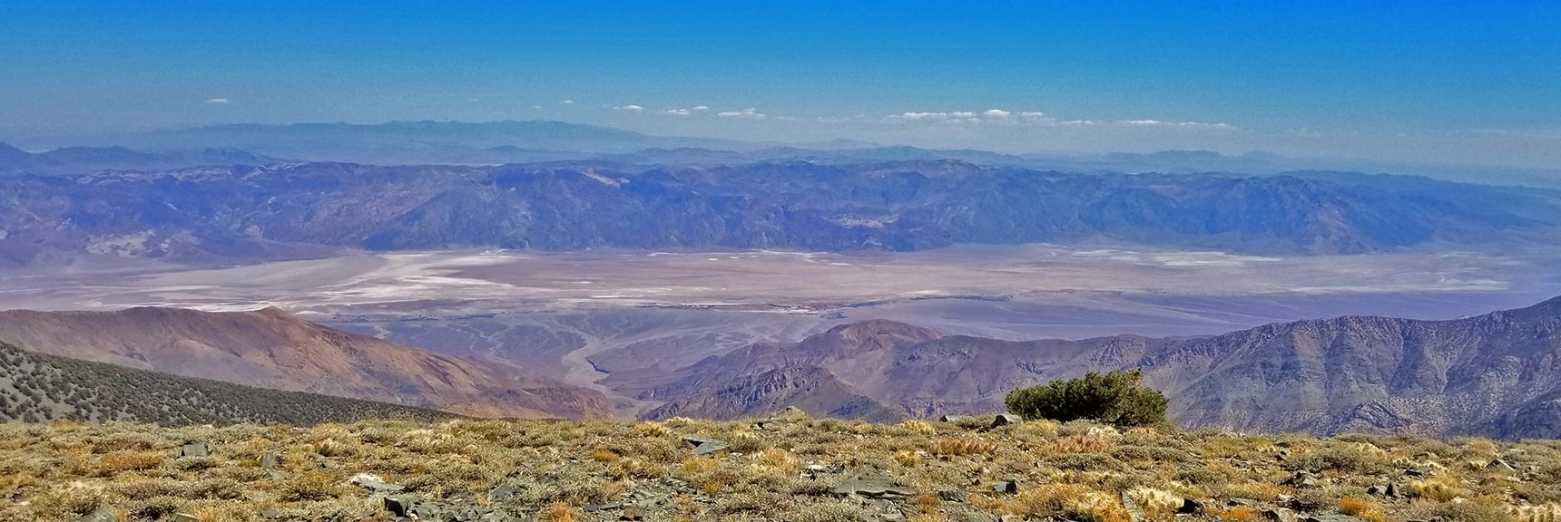 Death Valley Floor, Funeral Mountains and Mt. Charleston Wilderness from Bennett Peak Summit | Telescope Peak Summit from Wildrose Charcoal Kilns Parking Area, Panamint Mountains, Death Valley National Park, California