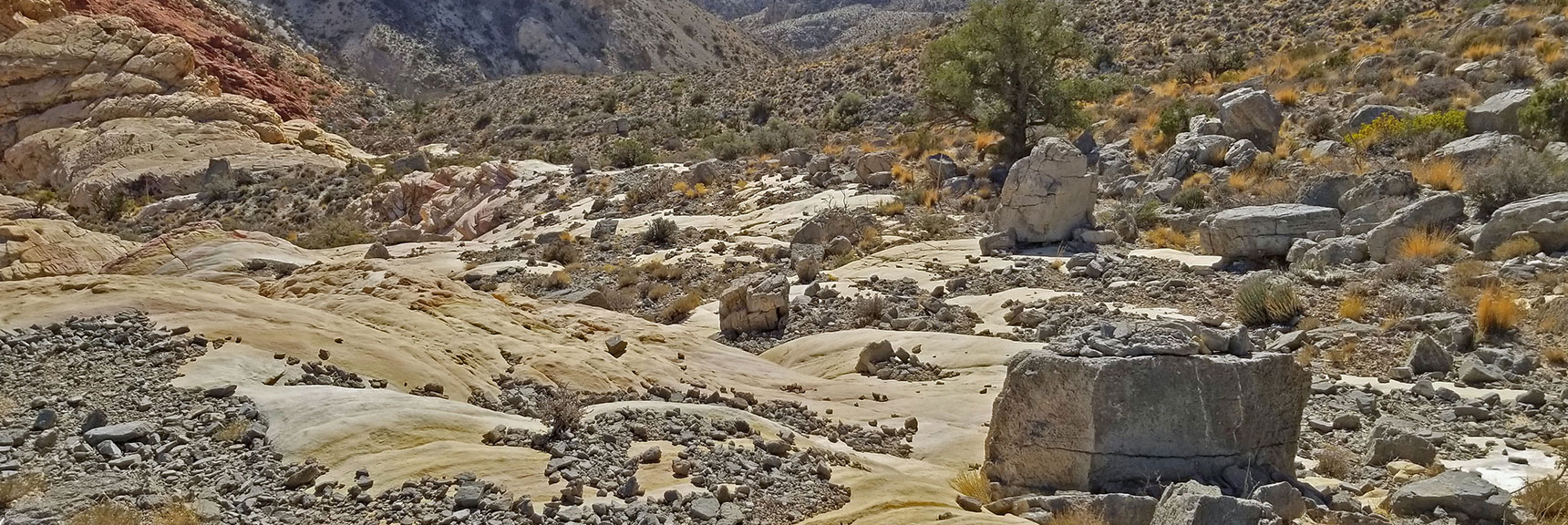 View Back Down Toward Gateway Canyon. Scattered Fallen Rock from Turtlehead Peak | Kraft Mountain, Gateway Canyon Loop, Calico Basin, Nevada