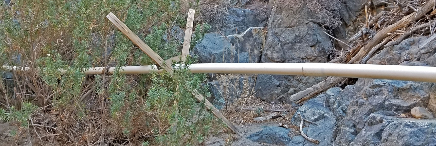 Simple But Effective Engineering to Elevate Panamint Springs Water Pipe. | Darwin Falls, Death Valley National Park, California