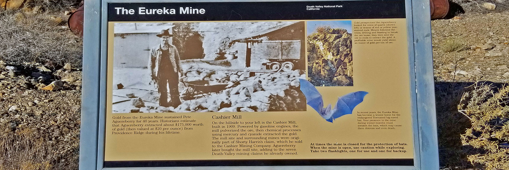 Interpretive Sign at Eureka Mine Parking Area | Eureka Mine, Harrisburg, Cashier Mill, Death Valley, California