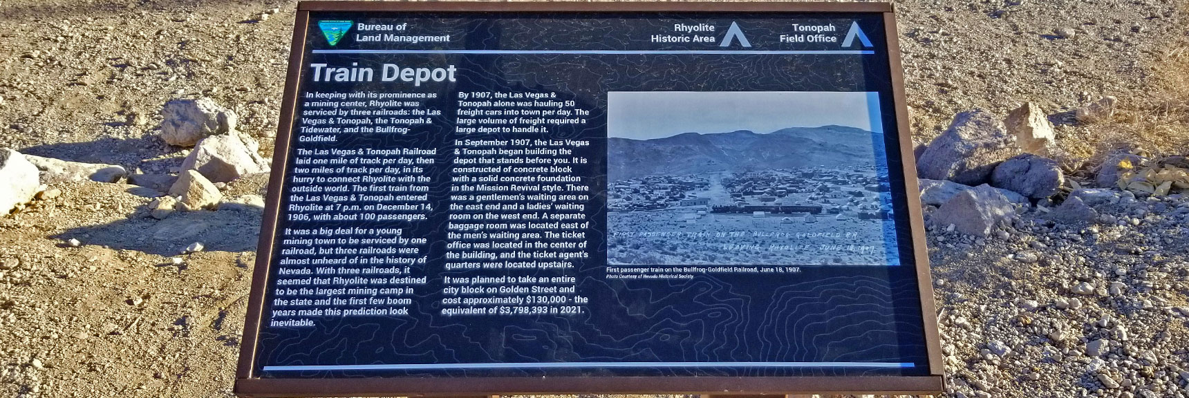 Train Depot Interpretive Sign | Rhyolite Ghost Town | Death Valley Area, Nevada