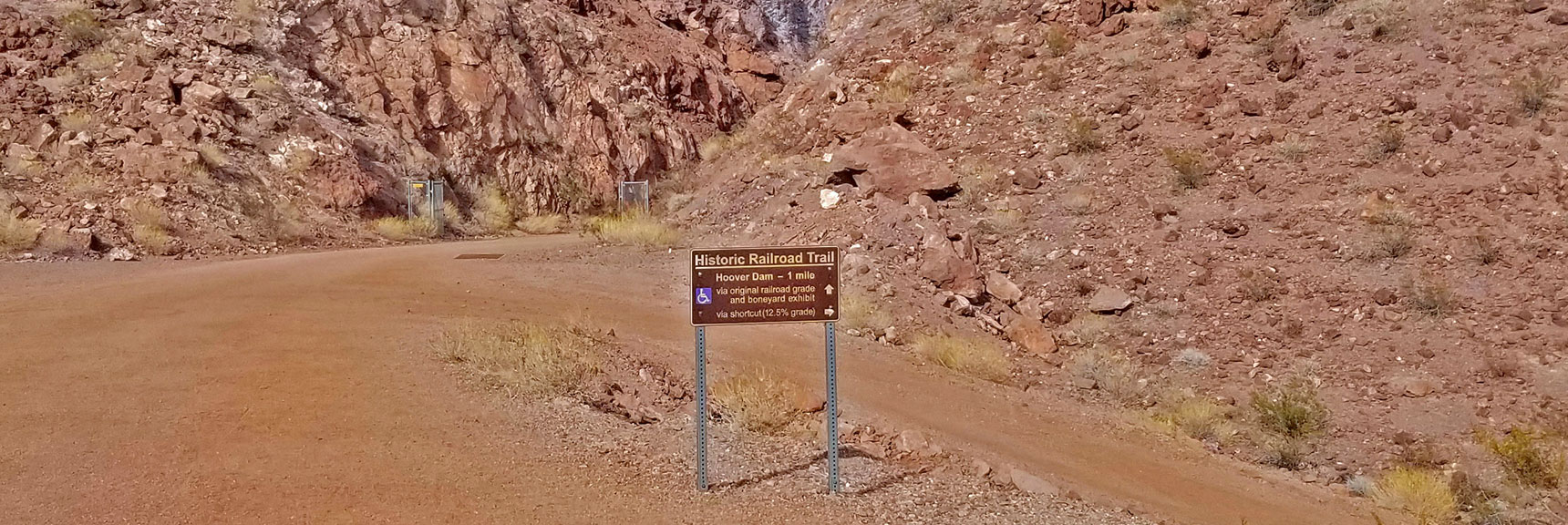 Split in Trail Beyond the Tunnels. 1 Mile Straight to Hoover Dam or Steeper Shortcut to Right | Historic Railroad Trail | Lake Mead National Recreation Area, Nevada