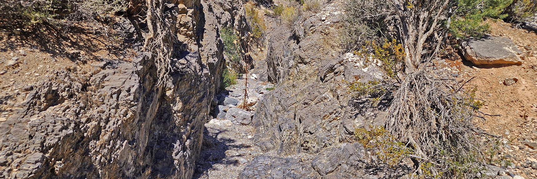 Looking Back Up to Narrow Area in Wash with Dry Waterfall. Could Circumvent to Right.| Kyle Canyon Grand Crossing | Southern Half | Red Rock Canyon National Conservation Area, Nevada