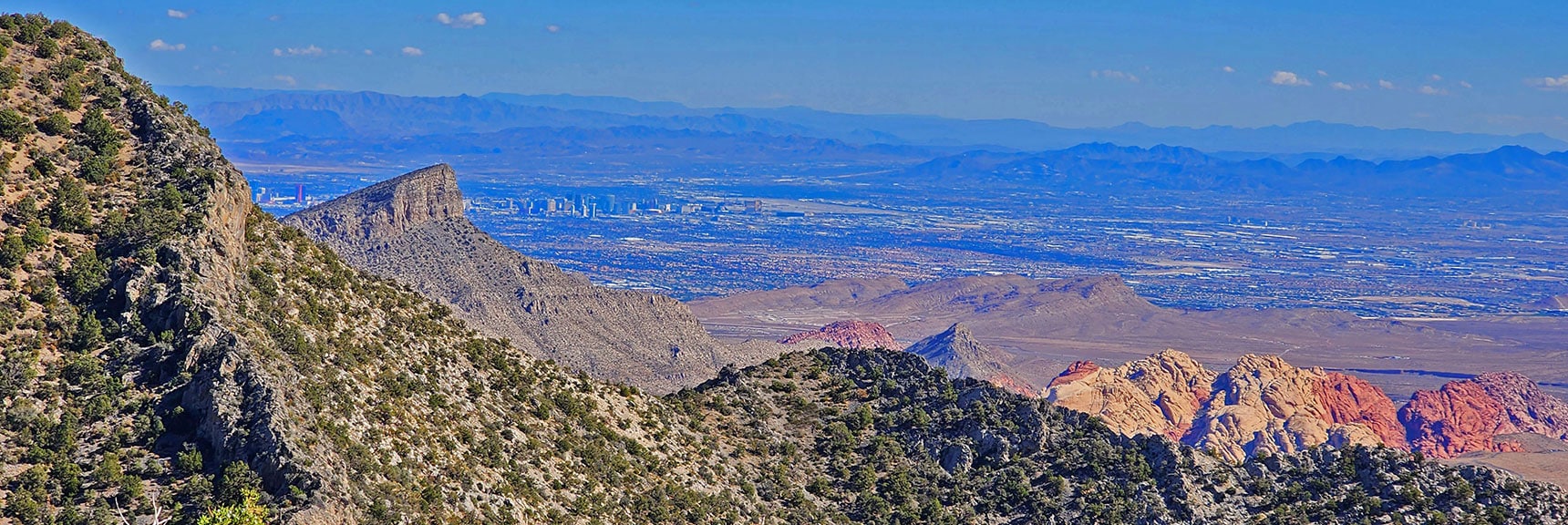 Turtlehead Peak (Left). Vegas Strip and Valley Background | Keystone Thrust West Summit Above White Rock Mountain | La Madre Mountains Wilderness, Nevada
