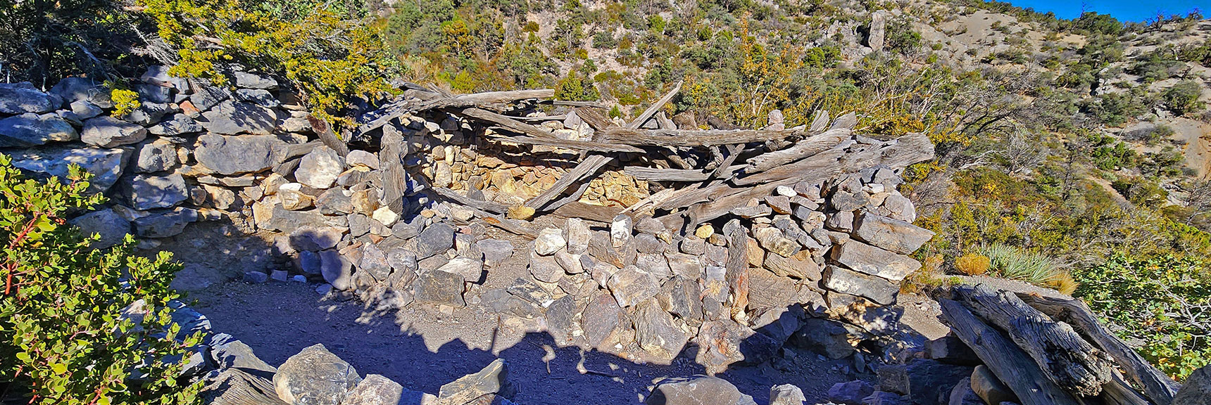 Miner's Cabin Has Two Rooms and Roof of Branches | Keystone Thrust West Summit Above White Rock Mountain | La Madre Mountains Wilderness, Nevada