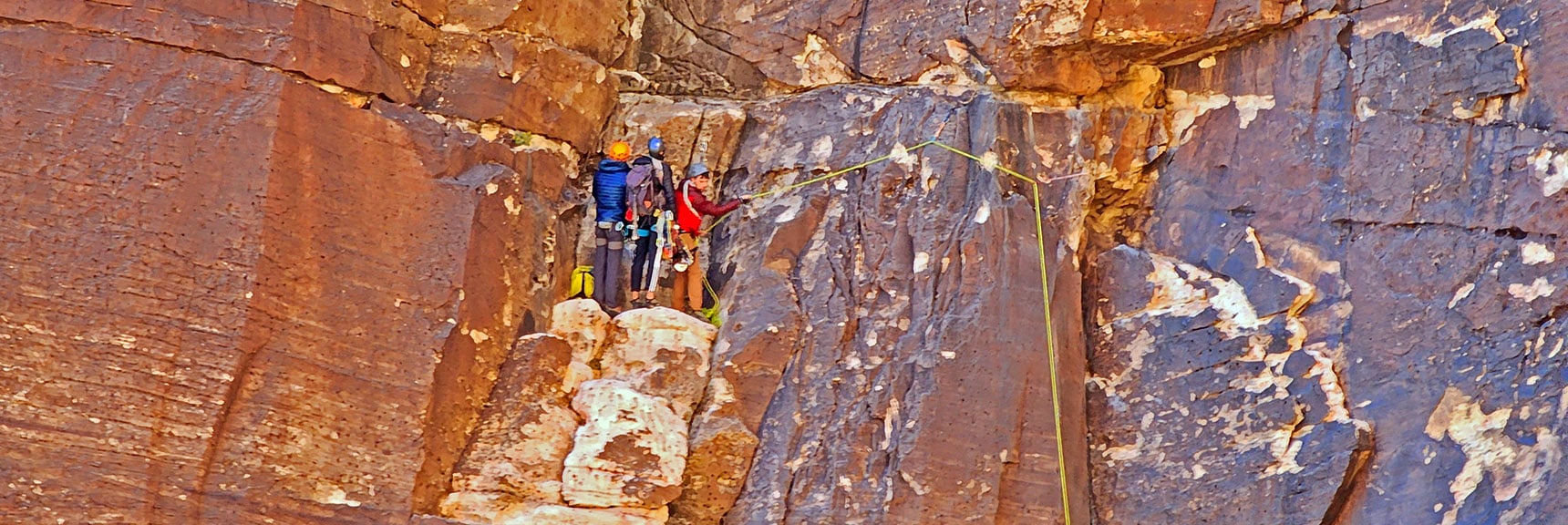 Carefully Placed Rope Aids Crossing from the Crack to the Ledge. | Rock Climber Observations | Pine Creek Canyon | Rainbow Mountain Wilderness, Nevada