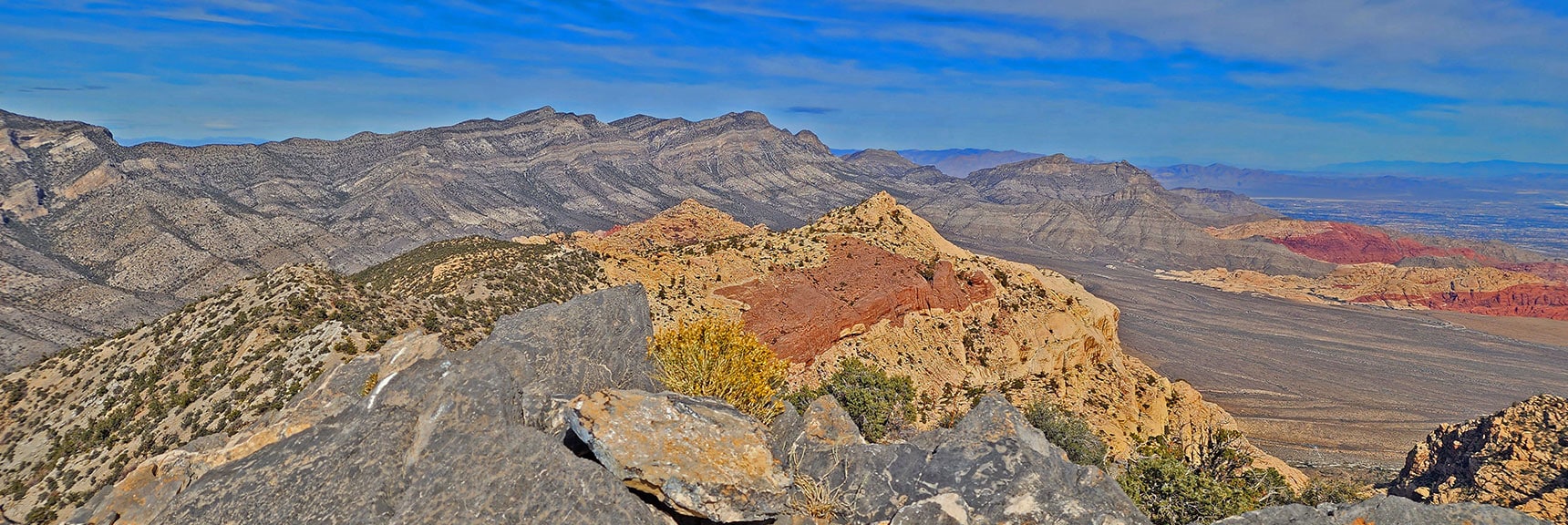 Ridgeline Plateau, Keystone Thrust Cliffs, Damsel Peak and Calico Hills from North Peak | North Upper Crest Ridgeline | Rainbow Mountain Wilderness, Nevada