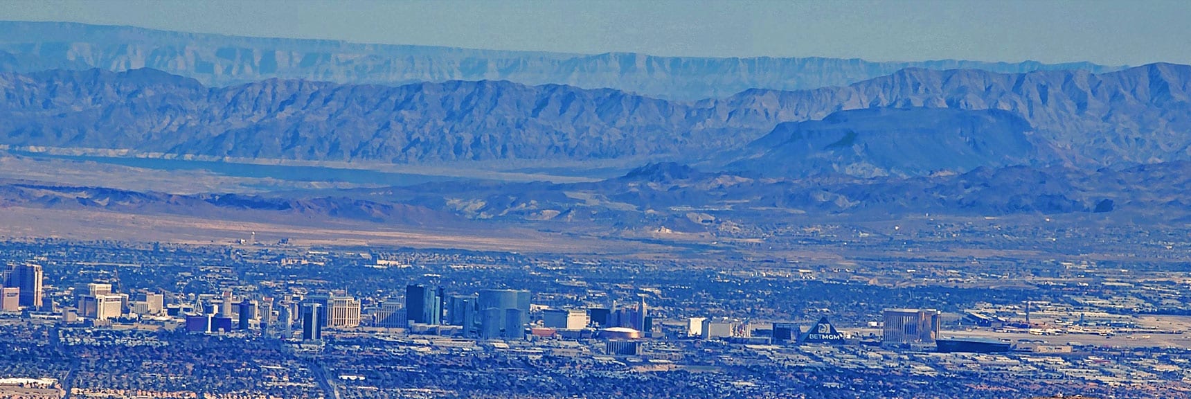 South Vegas Strip. Note Lake Mead Background and Fortification Hill Mesa (Upper Right) | Mid Upper Crest Ridgeline | Rainbow Mountain Wilderness, Nevada