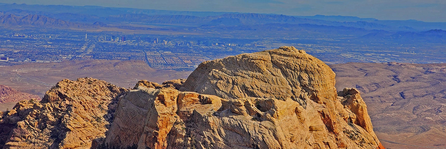 Larger View of Bridge Mountain with Vegas Strip Background | North Upper Crest Ridgeline | Rainbow Mountain Wilderness, Nevada