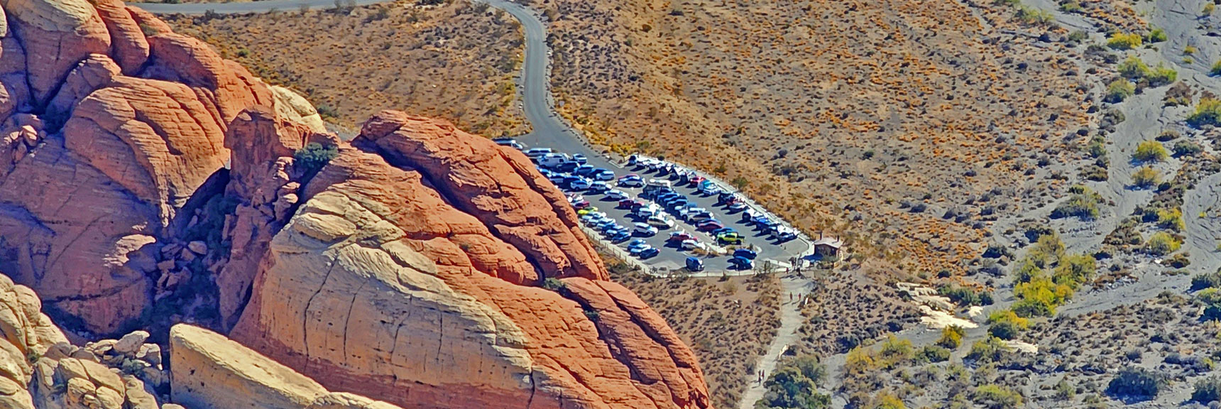 Sandstone Quarry Parking Area Almost Immediately Below. Last Car on Right is "The Beast" | Turtlehead Peak | Red Rock Canyon National Conservation Area, Nevada