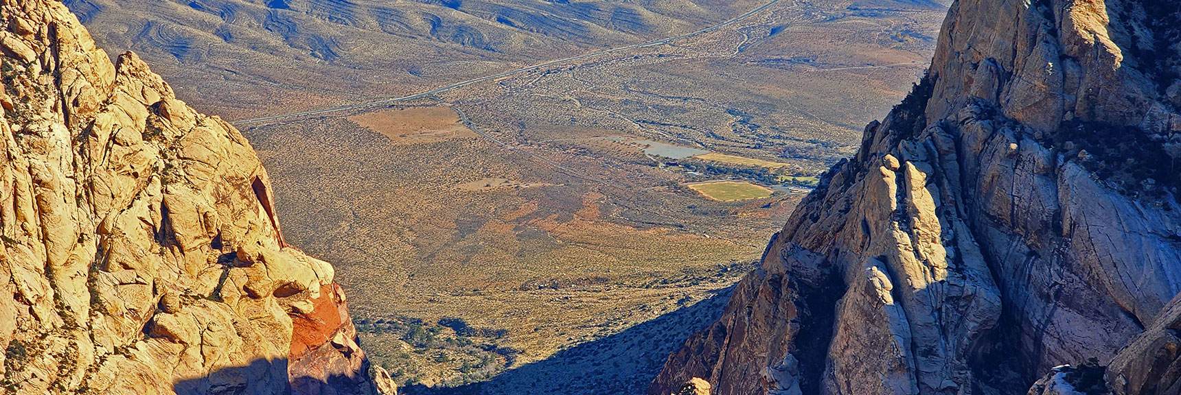 View Down First Creek Canyon to Spring Mt. Ranch State Park. | Rainbow Mountains Mid Upper Crest Ridgeline from Lovell Canyon, Nevada