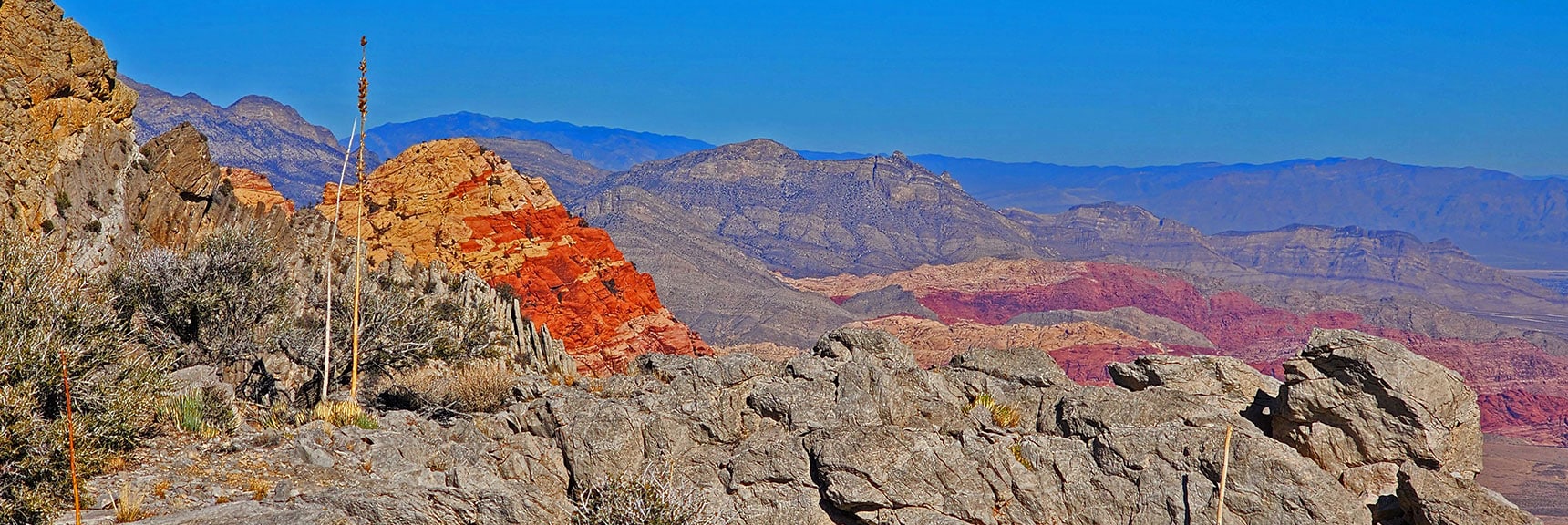 Damsel Peak (Center) Across Red Rock Canyon and Calico Basin and Brownstone Basin. | Rainbow Mountains Mid Upper Crest Ridgeline from Lovell Canyon, Nevada