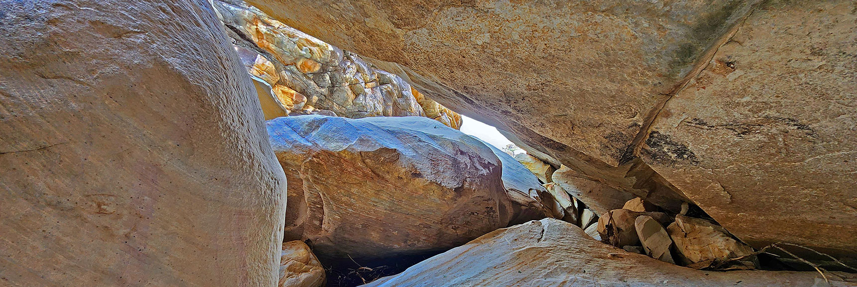 Crawling Beneath Huge Boulders at a Few Points Along the Way | Oak Creek Canyon North Branch Toward Rainbow Mountains Upper Crest Ridgeline | Rainbow Mountain Wilderness, Nevada