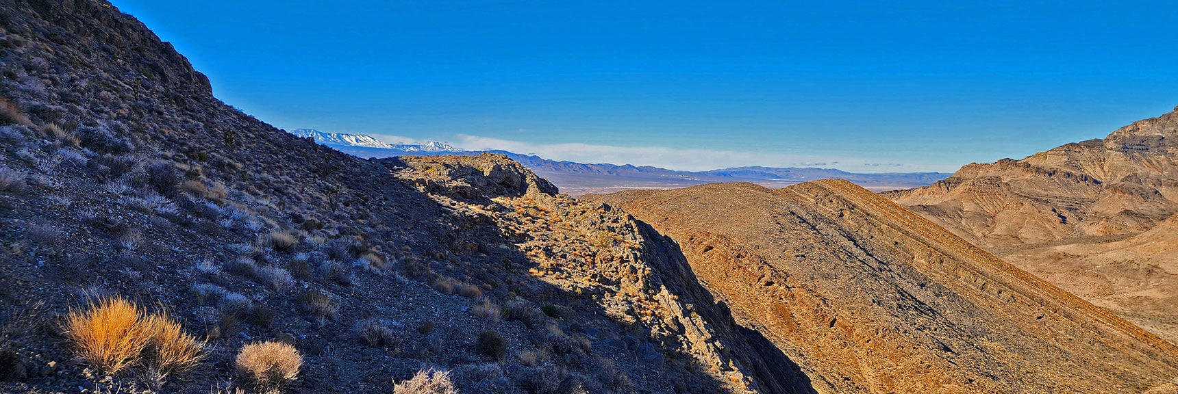 View Back Toward the Western End of Fossil Ridge, Yucca Gap and Sheep Range | Fossil Ridge Far East | Desert National Wildlife Refuge, Nevada