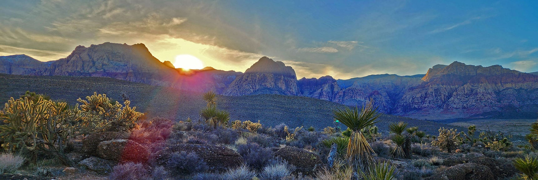 Sun Setting Between Mt Wilson and Rainbow Mountain. From Bunny Trail. | Western Trails and Ridges | Blue Diamond Hill | Red Rock Canyon, Nevada