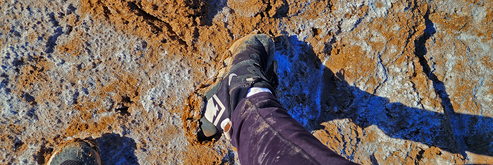 Mud Check! Shoes Gained a Couple Pounds Each. Mud Dries As Solid Clay | Death Valley Crossing | Death Valley National Park, California | David Smith | LasVegasAreaTrails.com
