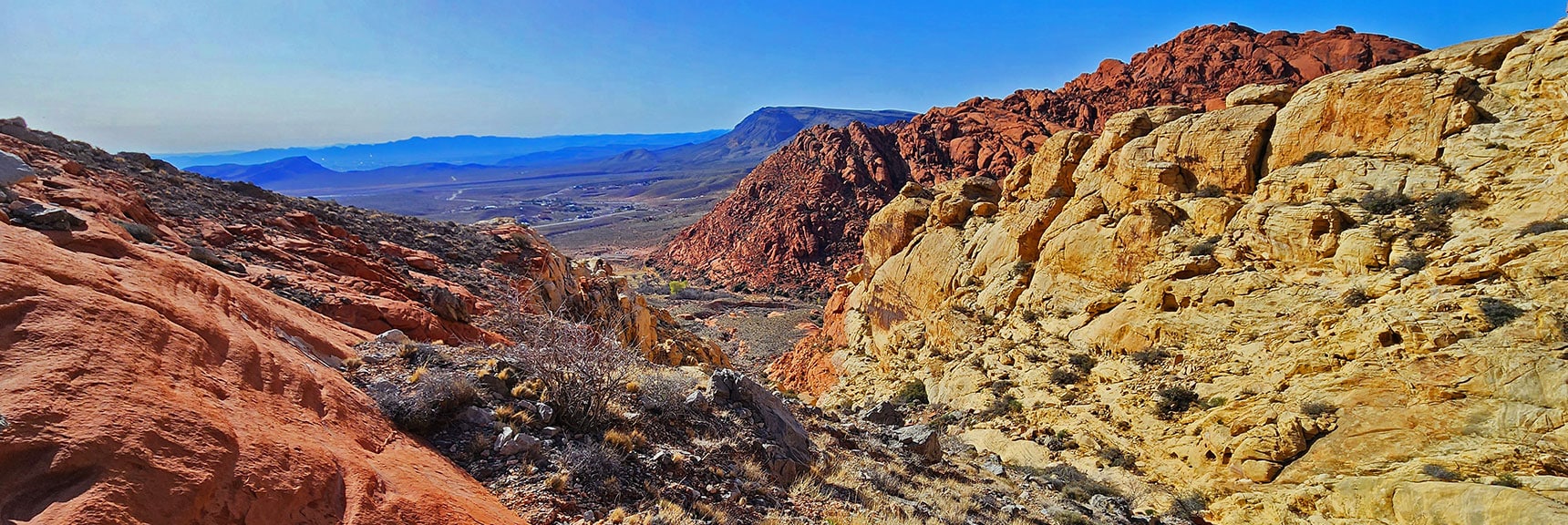 View Down Ash Canyon to Ash Spring, Calico Hills and Blue Diamond Hill. | Ash Canyon to Calico Tanks | Calico Basin and Red Rock Canyon, Nevada | David Smith | Las Vegas Area Trails