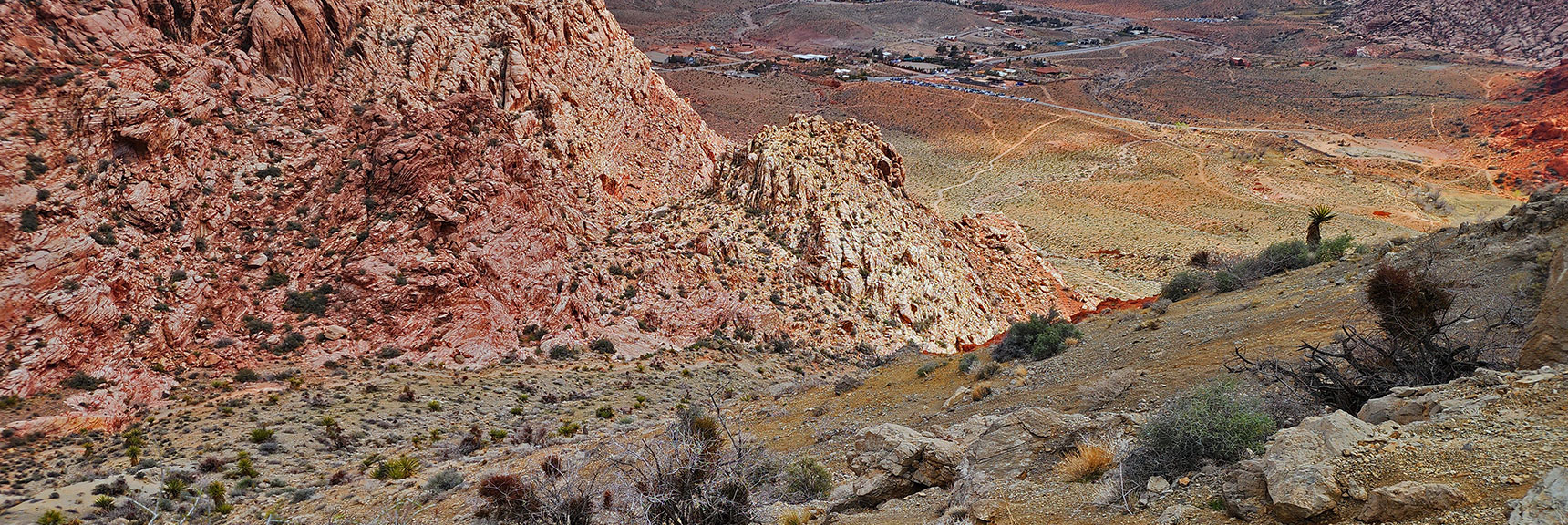 View Down to Pink Goblin Pass. Avalanche Slope Descent of About 300ft. Harder than Hell Hill! | Ash Canyon to Calico Tanks | Calico Basin and Red Rock Canyon, Nevada | David Smith | Las Vegas Area Trails