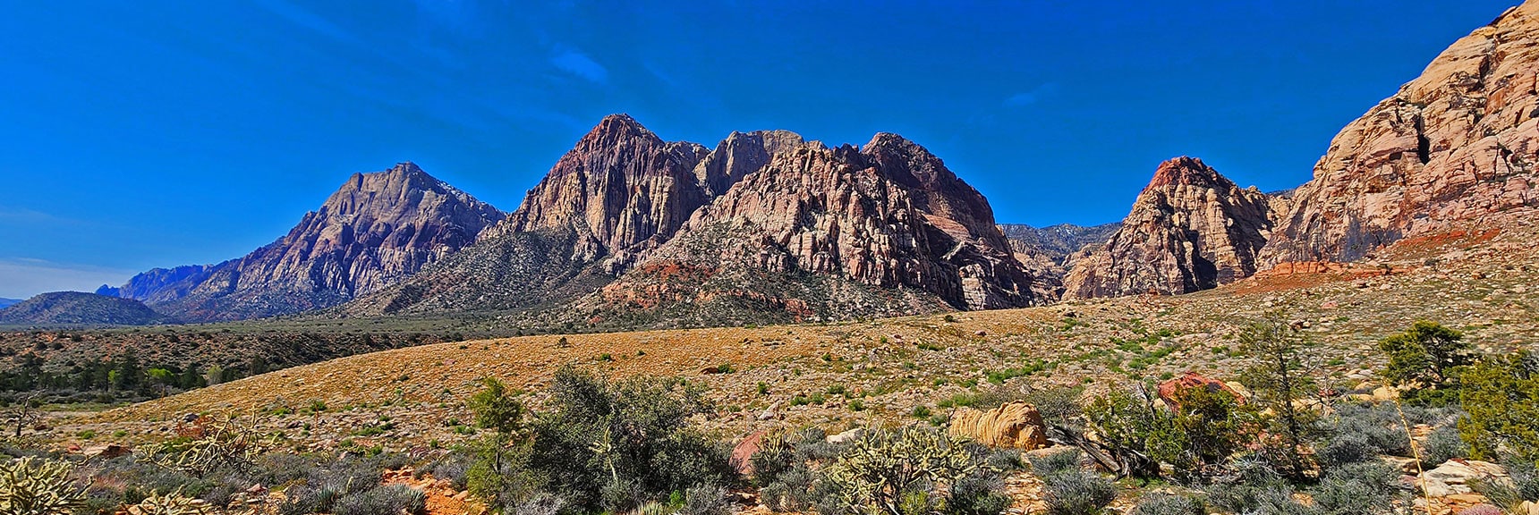 Juniper Peak (center); Rainbow Mt. and Mt. Wilson (left) | Dales Trail | Red Rock Canyon National Conservation Area, Nevada | David Smith | LasVegasAreaTrails.com