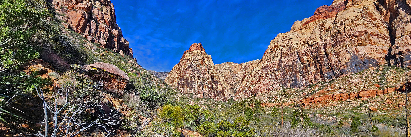The Impressive Mescalito Pyramid Appears as The Knoll Trail Descends into Pine Creek Canyon | Knoll Trail | Red Rock Canyon, Nevada | David Smith | LasVegasAreaTrails.com