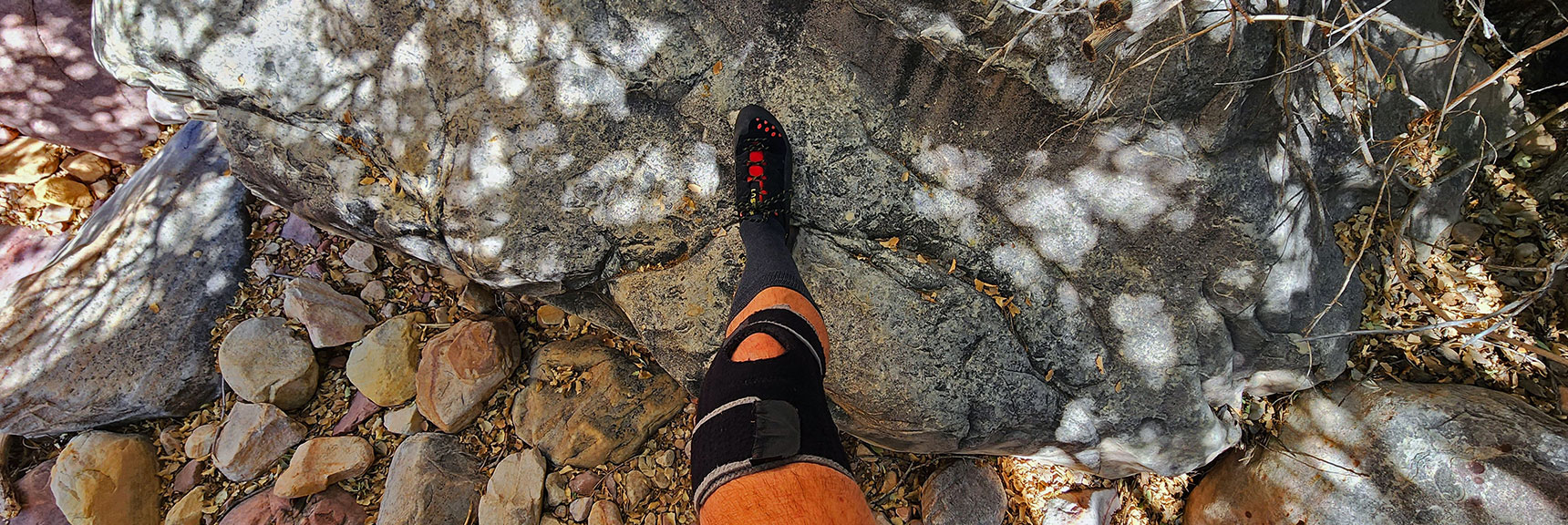 Knee Brace for Stability/Cushioning, Rock Climbing Shoes for Traction on Boulders | Juniper Peak Summit | Rainbow Mountain Wilderness, Nevada | David Smith, LasVegasAreaTrails.com