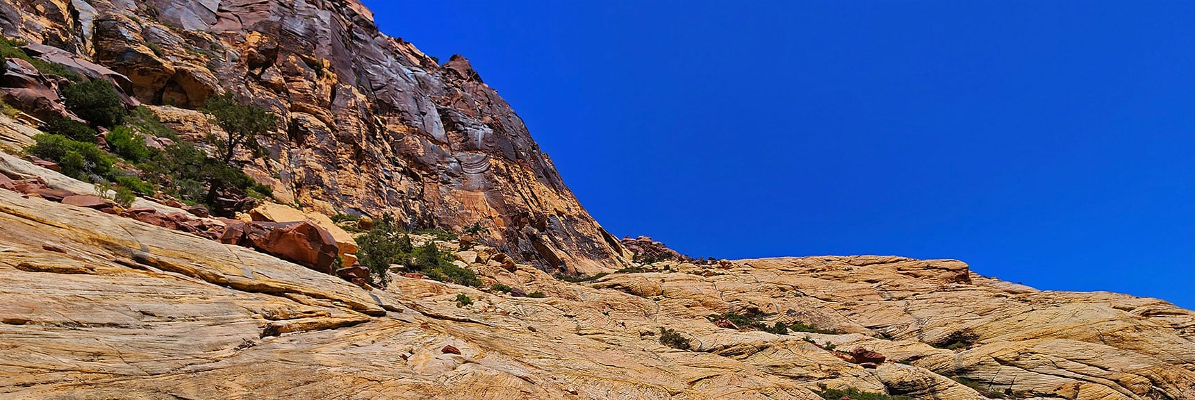 Big Picture Review of Brownstone Wall Base Area; Juniper Peak Summit Above | Juniper Peak Summit | Rainbow Mountain Wilderness, Nevada | David Smith, LasVegasAreaTrails.com