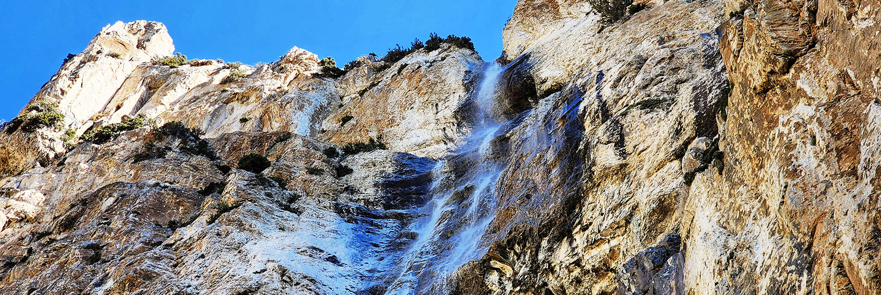 Largest Stream Cascading Over The Cliff Edge Below North Loop Trail | Mary Jane Falls | Mt. Charleston Wilderness | Spring Mountains, Nevada