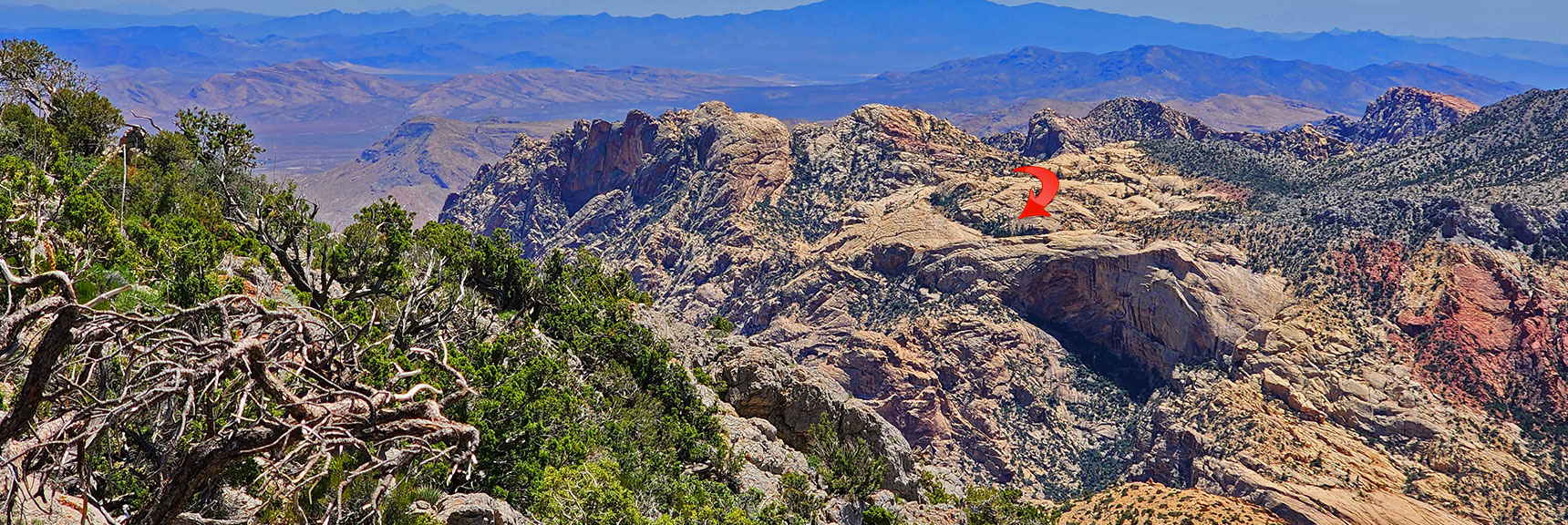 Looks Like the Location of Little Zion. Arch to Left of Arrow | Mt Wilson to Hidden Peak | Upper Crest Ridgeline | Rainbow Mountain Wilderness, Nevada