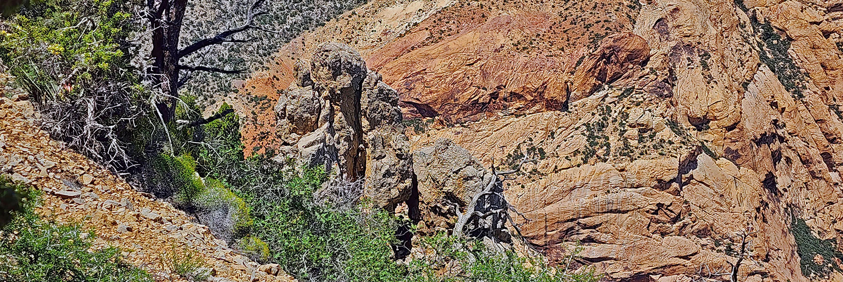 Pillars and an Arch on Indecision Peak High Point. Mt. Wilson Background. | Mt Wilson to Hidden Peak | Upper Crest Ridgeline | Rainbow Mountain Wilderness, Nevada