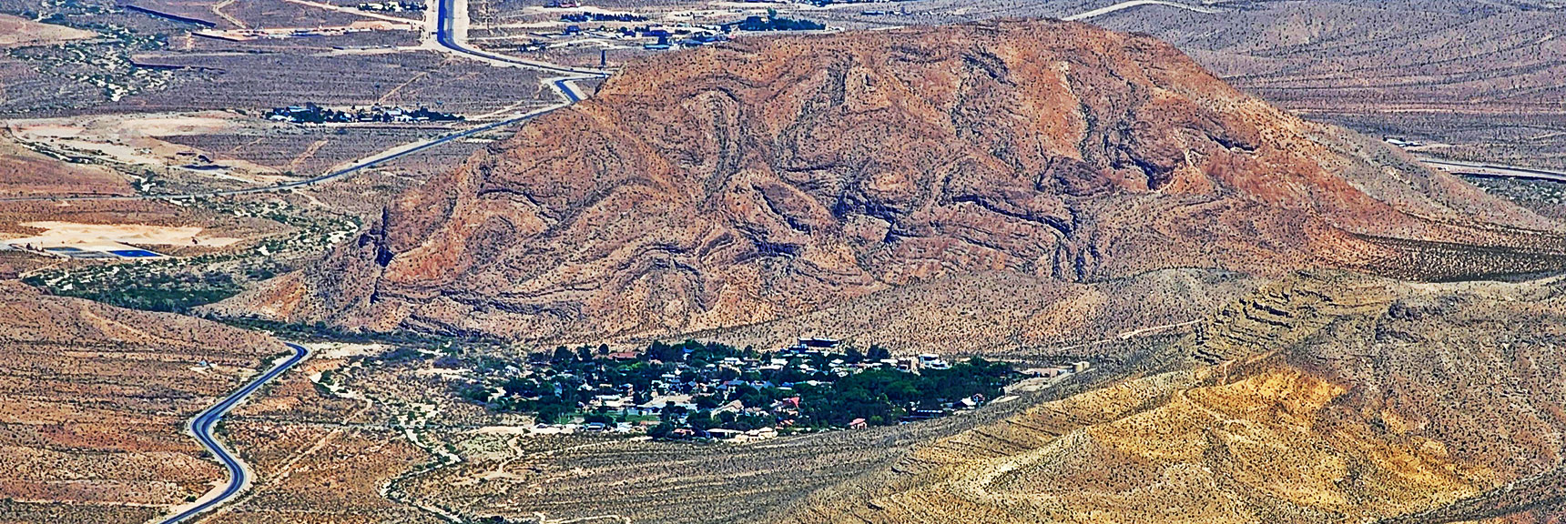 Town of Blue Diamond from Indecision Peak Canyon | Mt Wilson to Hidden Peak | Upper Crest Ridgeline | Rainbow Mountain Wilderness, Nevada