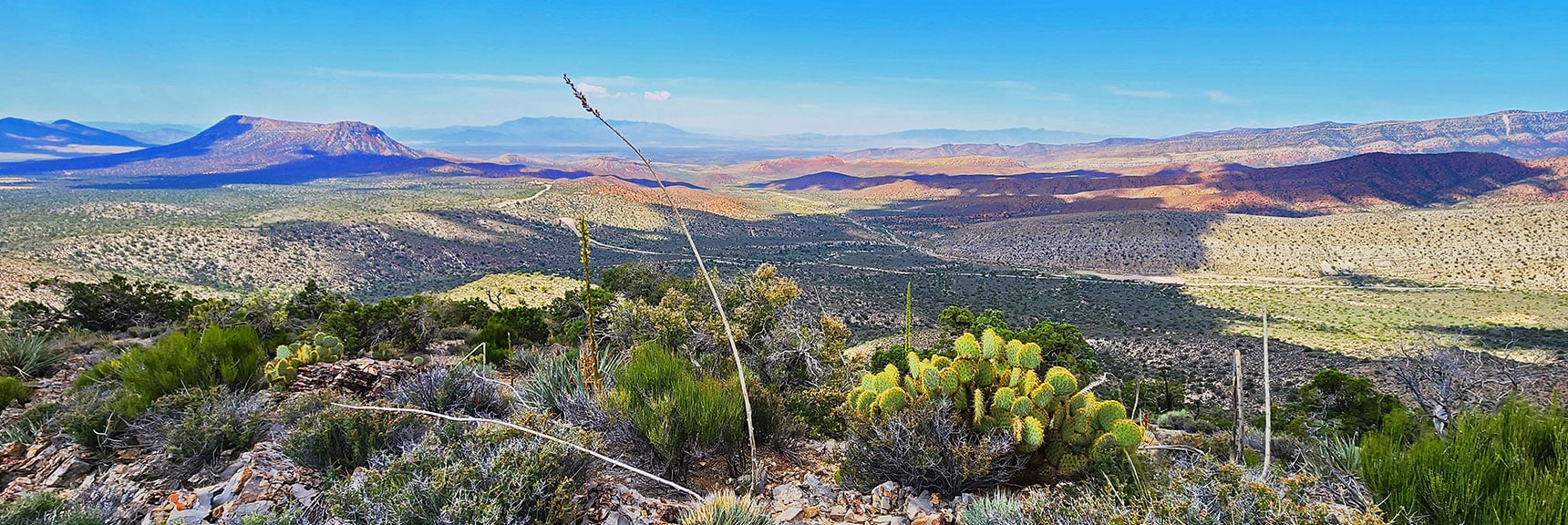 View West Across Lovell Canyon. Telescope Peak Very Faint in Distance (center)? | Juniper Peak to Mt. Wilson | Rainbow Mountains Upper Crest Ridgeline, Nevada