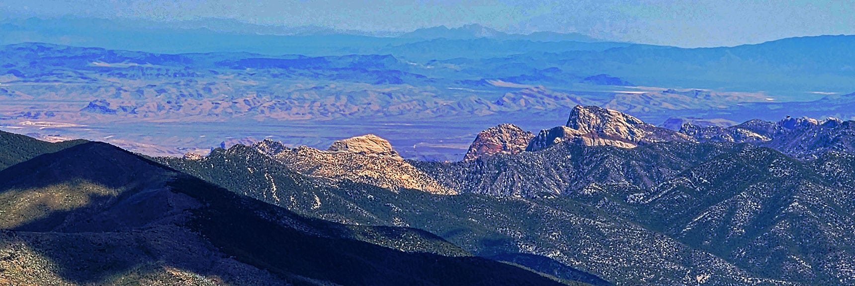 Zoom in on White Rock Mt., Bridge Mt., Rainbow Mt. and Mt. Wilson (left to right) | Wilson Ridge to Harris Mountain | Lovell Canyon, Nevada