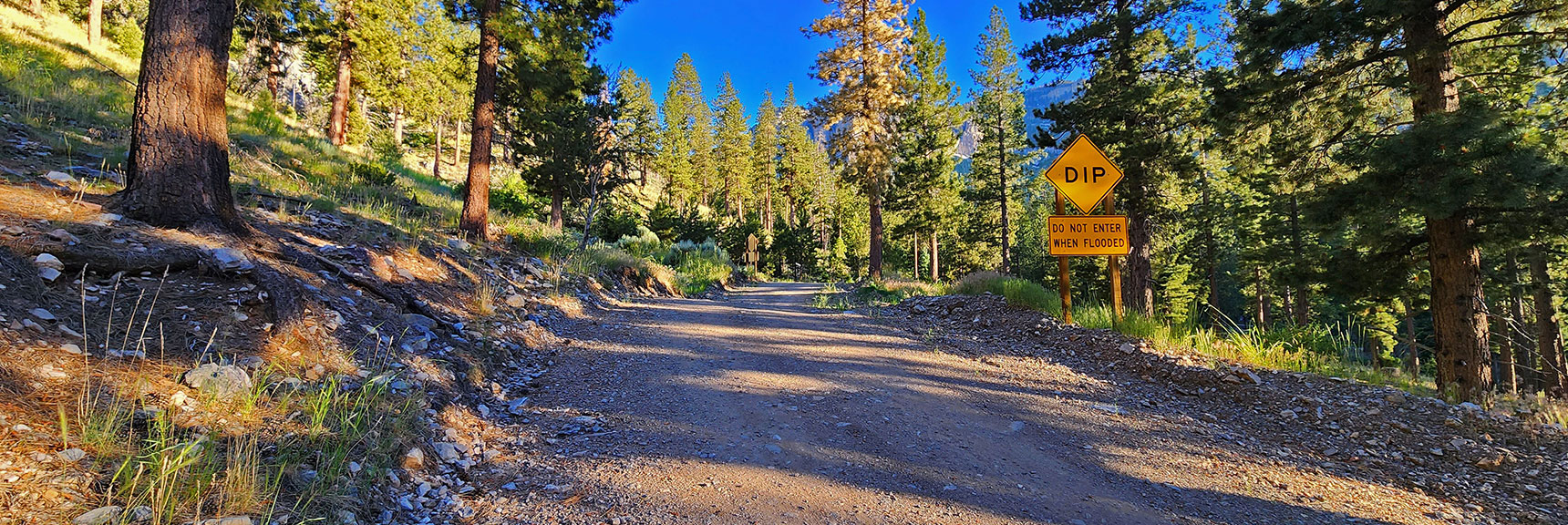 Prior Image: Small "Dip" Sign Beyond Large Sign Was Reference Point for Rainbow Ridge Rd. | Harris Mountain Triangle | Mt Charleston Wilderness, Nevada