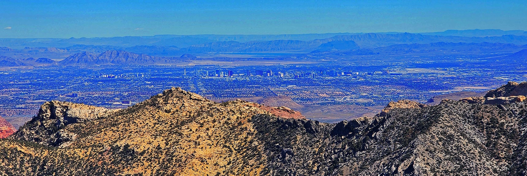 Las Vegas Strip Beyond Rainbow Mts. North Ridgeline (foreground) | Mini Matterhorn Pinnacle | Wilson Ridge | Lovell Canyon, Nevada