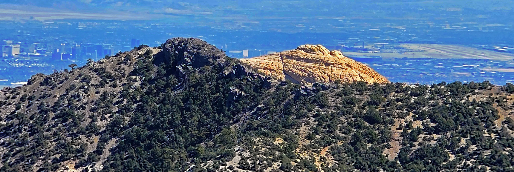 North Peak (left); Bridge Mt. (right), Las Vegas Valley (background). | Red Rock Summit Loop | Wilson Ridge | Lovell Canyon, Nevada