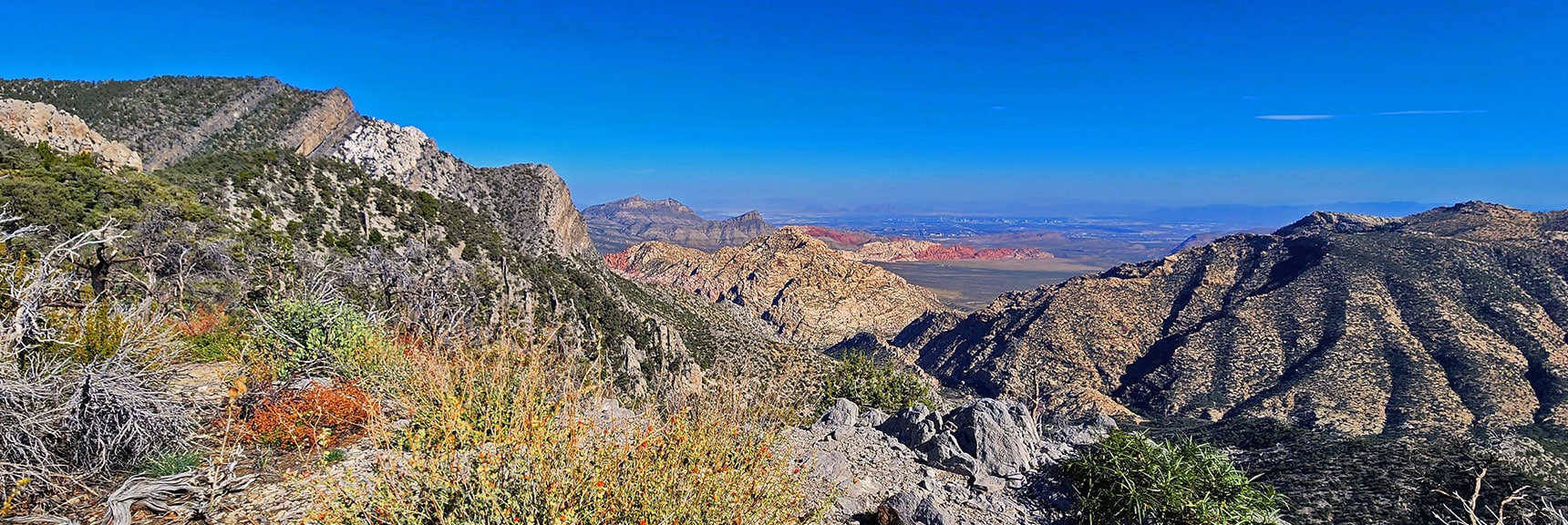 Wilson Ridgeline (left); Red Rock Canyon & Vegas Strip (Middle); Rainbow Mts. Ridgeline (right) | Switchback Spring Pinnacle | Wilson Ridge | Lovell Canyon, Nevada