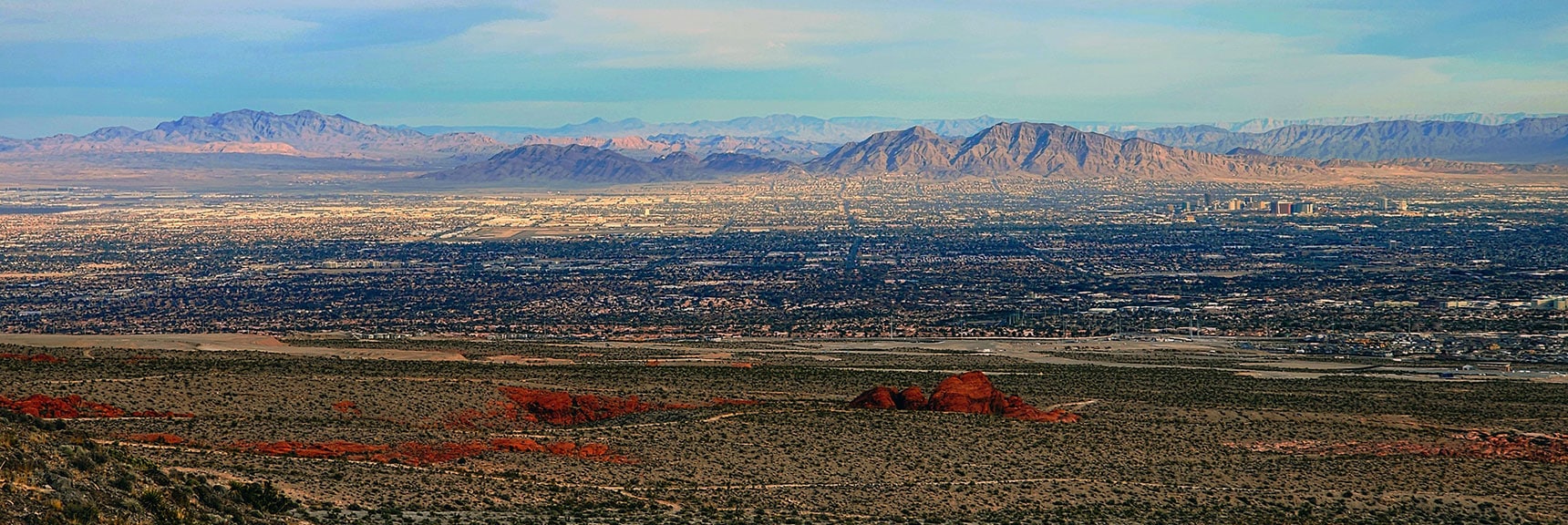 Right to Left: Frenchman Mt., Sunrise Mt., Muddy Mts. Little Red Rock Below | Damsel Peak Southeastern Slope | Calico & Brownstone Basins, Nevada
