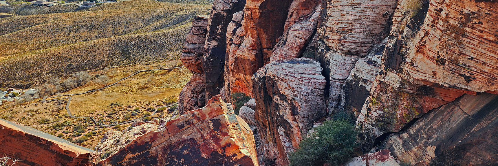 View Back Down the Grand Staircase to Red Springs Desert Oasis Boardwalk. | Grand Staircase | Calico Basin, Nevada