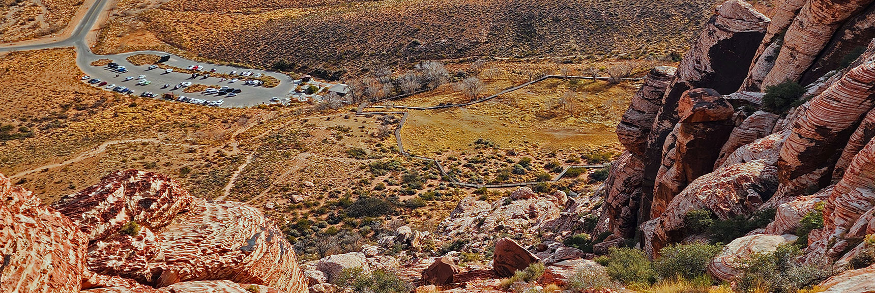 View Down Grand Staircase to Red Spring Desert Oasis and Parking Area | Grand Staircase | Calico Basin, Nevada