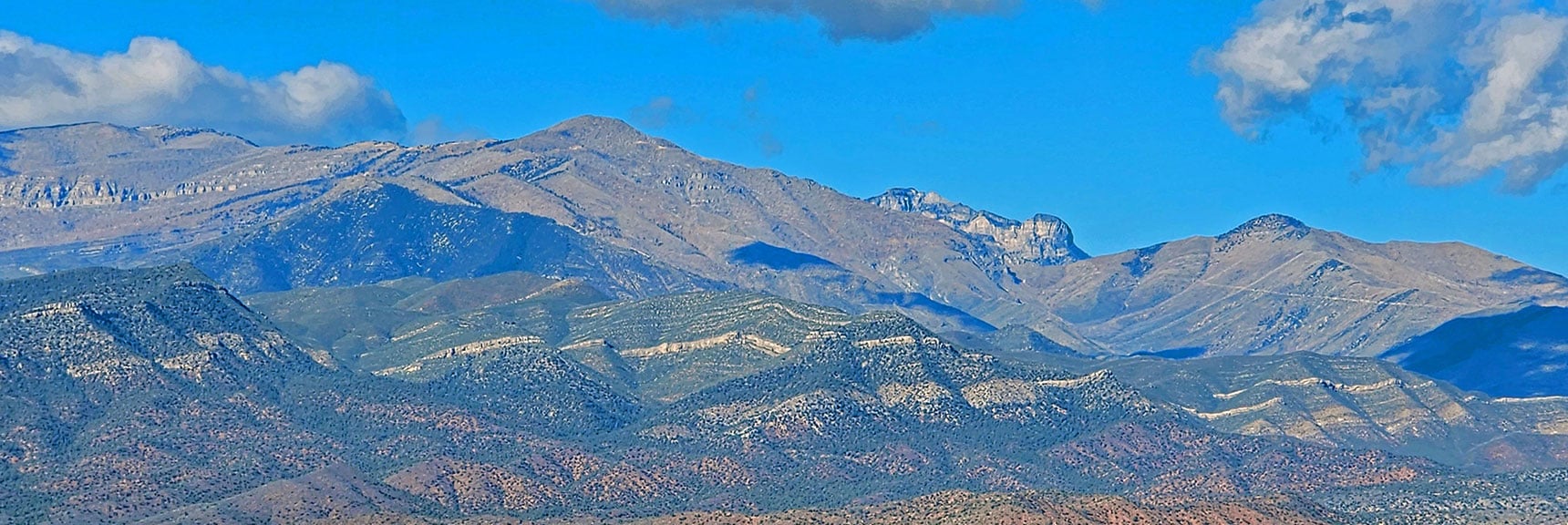 Larger View of Upper Lovell Canyon. Griffith Peak (left); Mummy Mt. (middle) Harris Mt. (right) | Landmark Bluff Summit | Lovell Canyon, Nevada
