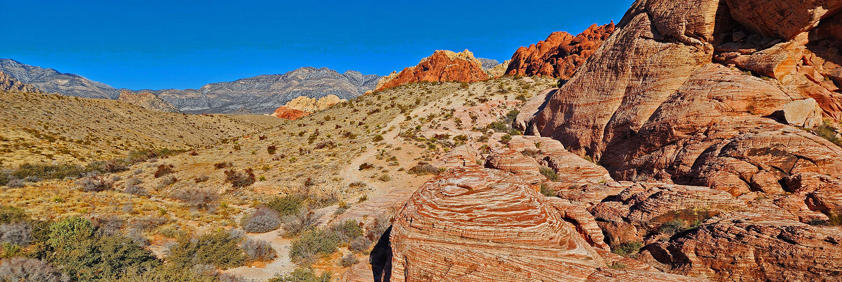 Grand Circle Loop Descends into Wash, Crosses, Ascends to Spectacular Viewpoint | 3 Basin Circuit | Calico Basin, Brownstone Basin, Red Rock Canyon, Nevada