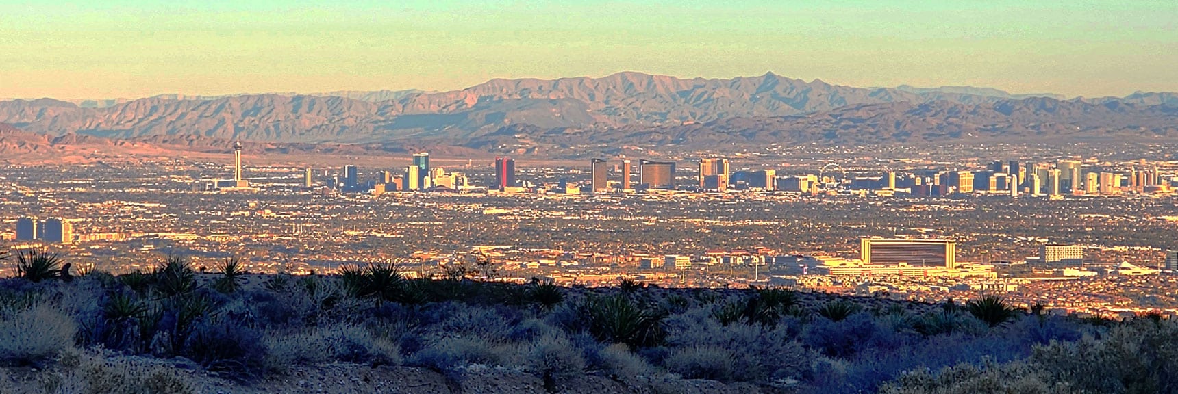 Beautiful Views of Las Vegas Strip Lit by Late Afternoon Sun. | 3 Basin Circuit | Calico Basin, Brownstone Basin, Red Rock Canyon, Nevada