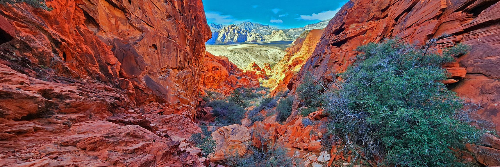 Arrival at Passage Summit. White Rock Mountain Comes into View Across Red Rock Canyon | Lower Calico Hills Loop | Calico Basin & Red Rock Canyon, Nevada