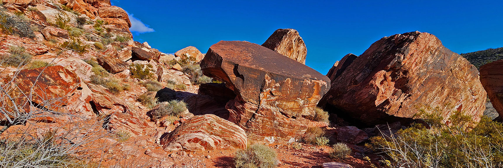 A Petroglyph Rock Ahead. Petroglyphs on Upper Face | Lower Calico Hills Loop | Calico Basin & Red Rock Canyon, Nevada