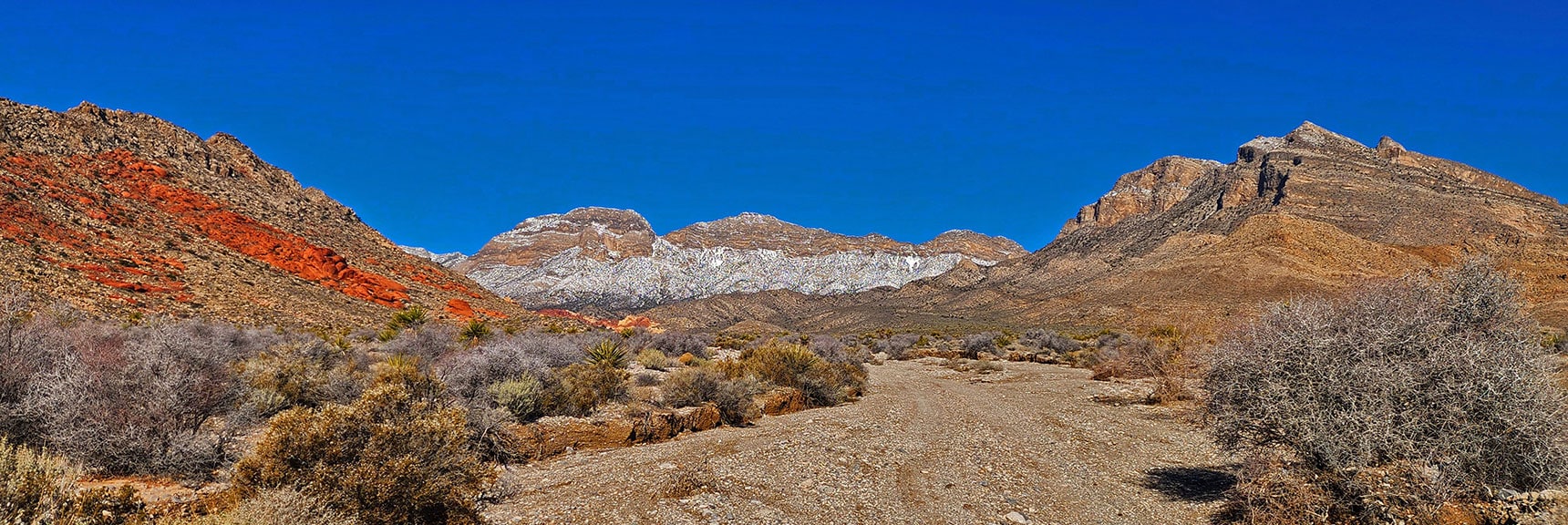 Continue Up Brownstone Basin Between Gray Cap Ridge (left) and Damsel Peak (right) | Brownstone Trail | Calico Basin | Brownstone Basin | La Madre Mountains Wilderness, Nevada