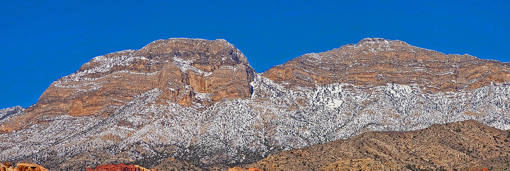 El Padre Mt. (left); La Madre Mt. (right); Southern Passage (Notch) Between | Brownstone Trail | Calico Basin | Brownstone Basin | La Madre Mountains Wilderness, Nevada