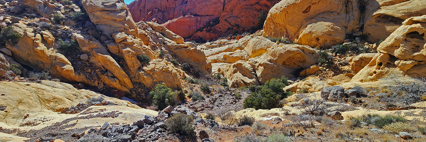 Options: Descend to Right or Ascend to Left of White Sandstone Formation | Pink Goblin Loop | Calico Basin, Nevada